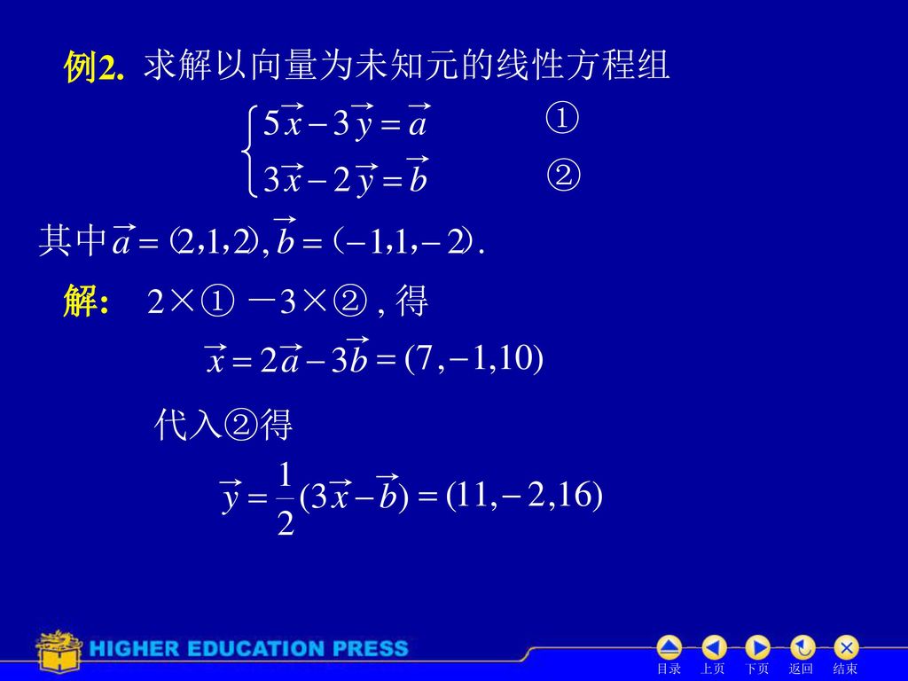 例2. 求解以向量为未知元的线性方程组 ① ② 解: 2×① －3×② , 得 代入②得