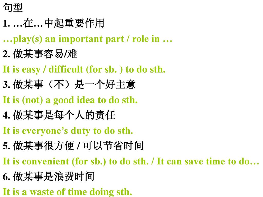 句型 1. …在…中起重要作用. …play(s) an important part / role in … 2. 做某事容易/难. It is easy / difficult (for sb. ) to do sth.