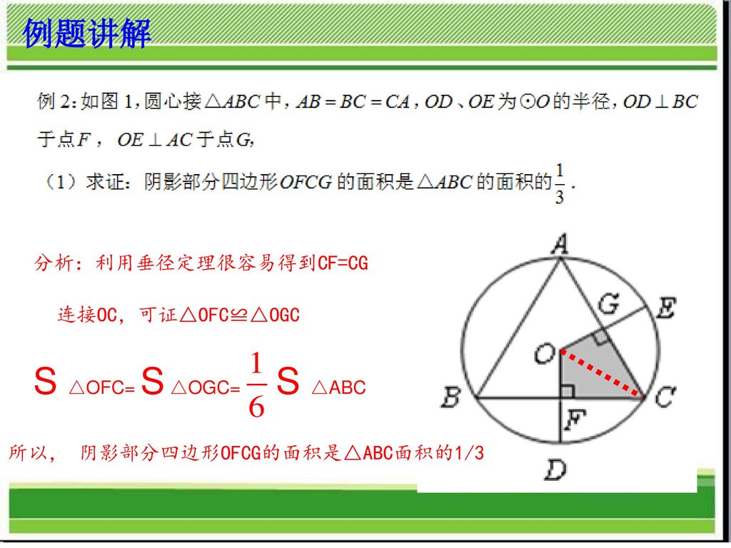 S △OFC= S △OGC= S △ABC 例题讲解 分析：利用垂径定理很容易得到CF=CG 连接OC，可证△OFC≌△OGC