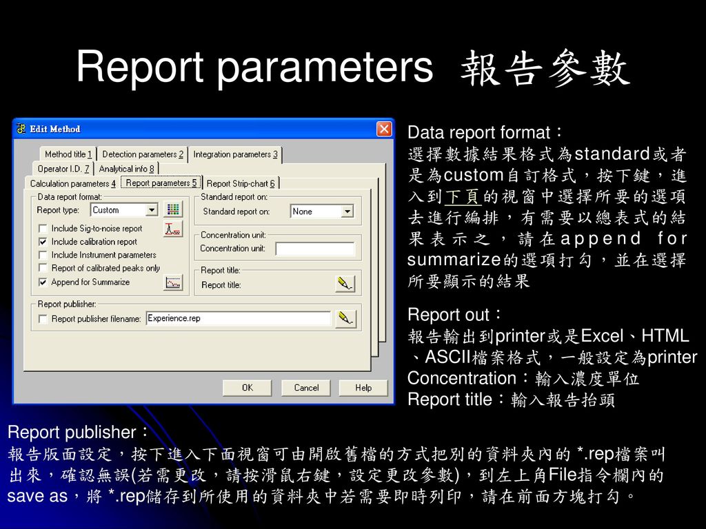 Report parameters 報告參數