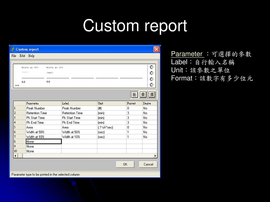 Custom report Parameter ：可選擇的參數 Label：自行輸入名稱 Unit：該參數之單位