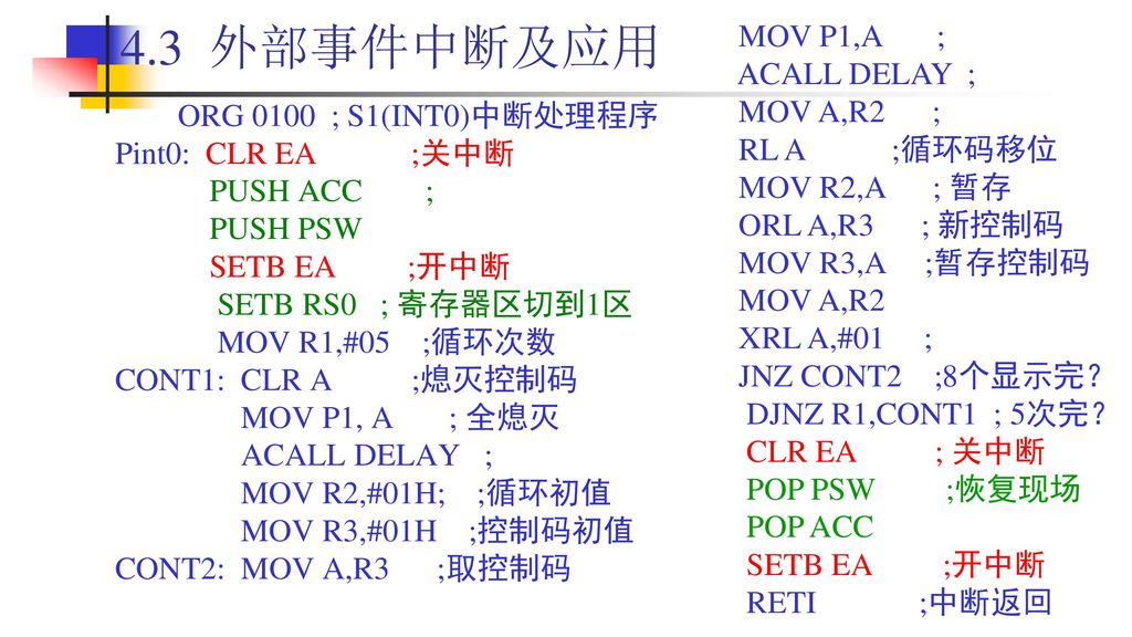 4.3 外部事件中断及应用 MOV P1,A ; ACALL DELAY ; MOV A,R2 ; RL A ;循环码移位