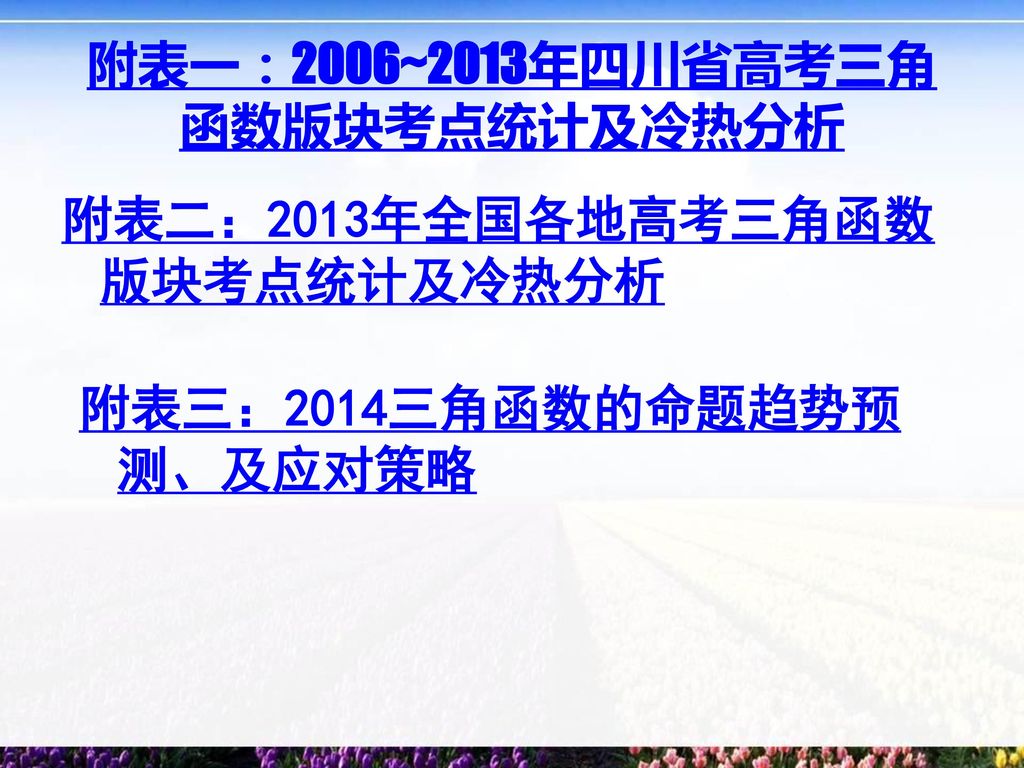 附表一：2006~2013年四川省高考三角函数版块考点统计及冷热分析