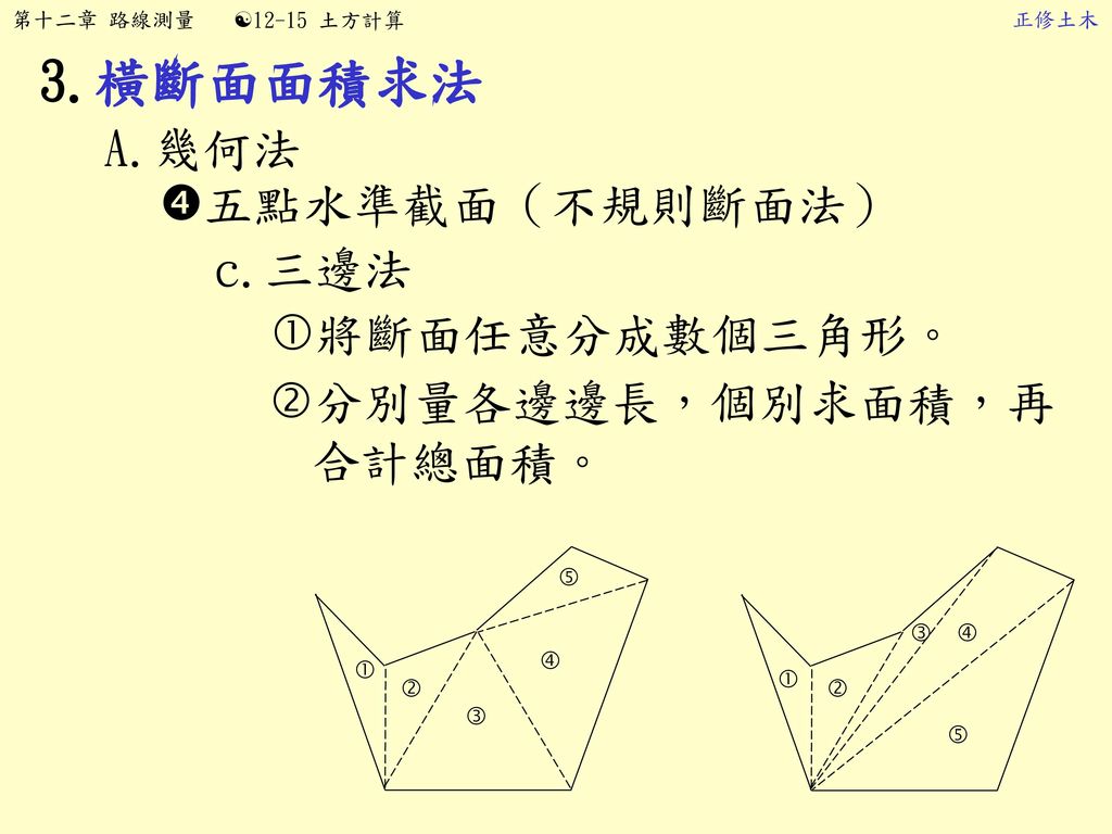 3.橫斷面面積求法 A.幾何法 五點水準截面（不規則斷面法） c.三邊法 將斷面任意分成數個三角形。