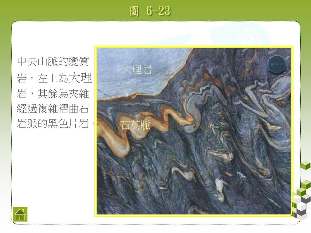 圖 6-23 中央山脈的變質岩。左上為大理岩，其餘為夾雜經過複雜褶曲石岩脈的黑色片岩。 大理岩 石英脈