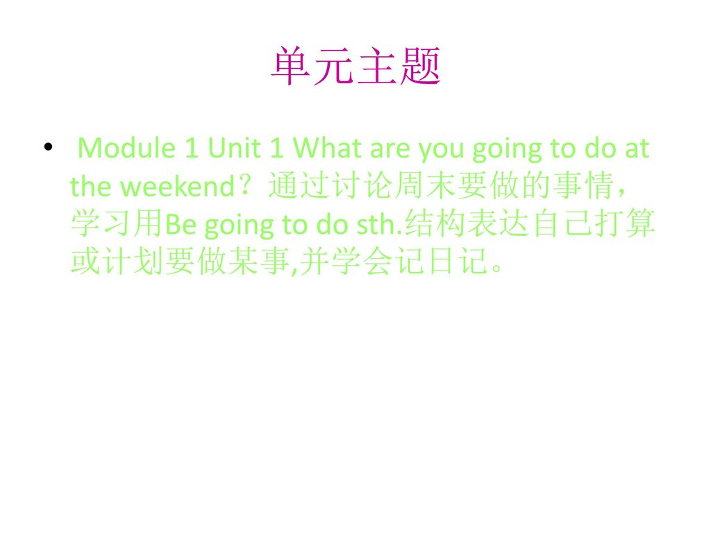 单元主题 Module 1 Unit 1 What are you going to do at the weekend？通过讨论周末要做的事情，学习用Be going to do sth.结构表达自己打算或计划要做某事,并学会记日记。