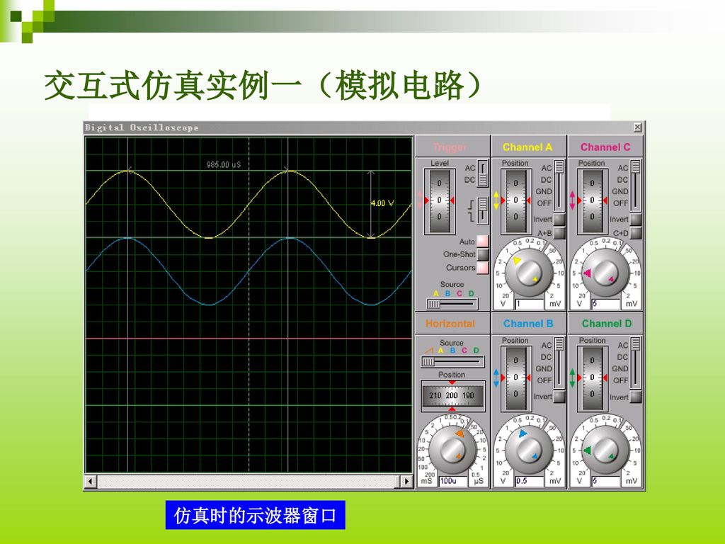 交互式仿真实例一（模拟电路） 电压探针 激励源 虚拟示波器 仿真时的示波器窗口