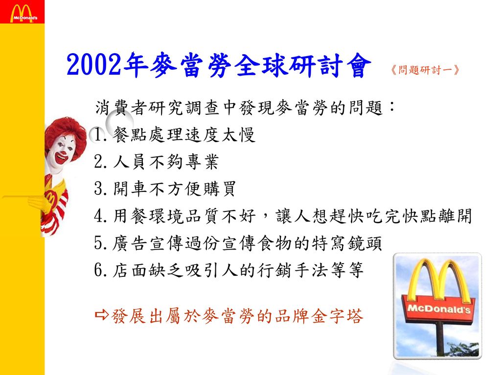 2002年麥當勞全球研討會 《問題研討一》 消費者研究調查中發現麥當勞的問題： 1.餐點處理速度太慢 2.人員不夠專業 3.開車不方便購買