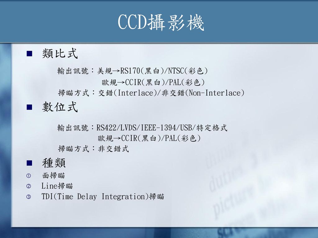 CCD攝影機 類比式 輸出訊號：美規→RS170(黑白)/NTSC(彩色) 數位式 種類