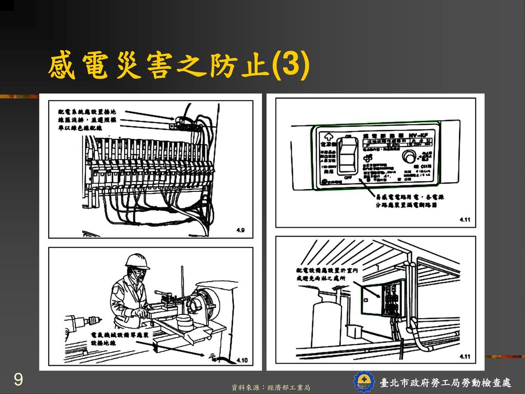 感電災害之防止(3) 9 臺北市政府勞工局勞動檢查處 資料來源：經濟部工業局