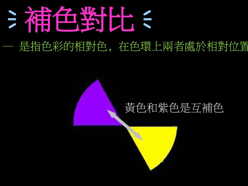  補色對比  ─ 是指色彩的相對色, 在色環上兩者處於相對位置 黃色和紫色是互補色