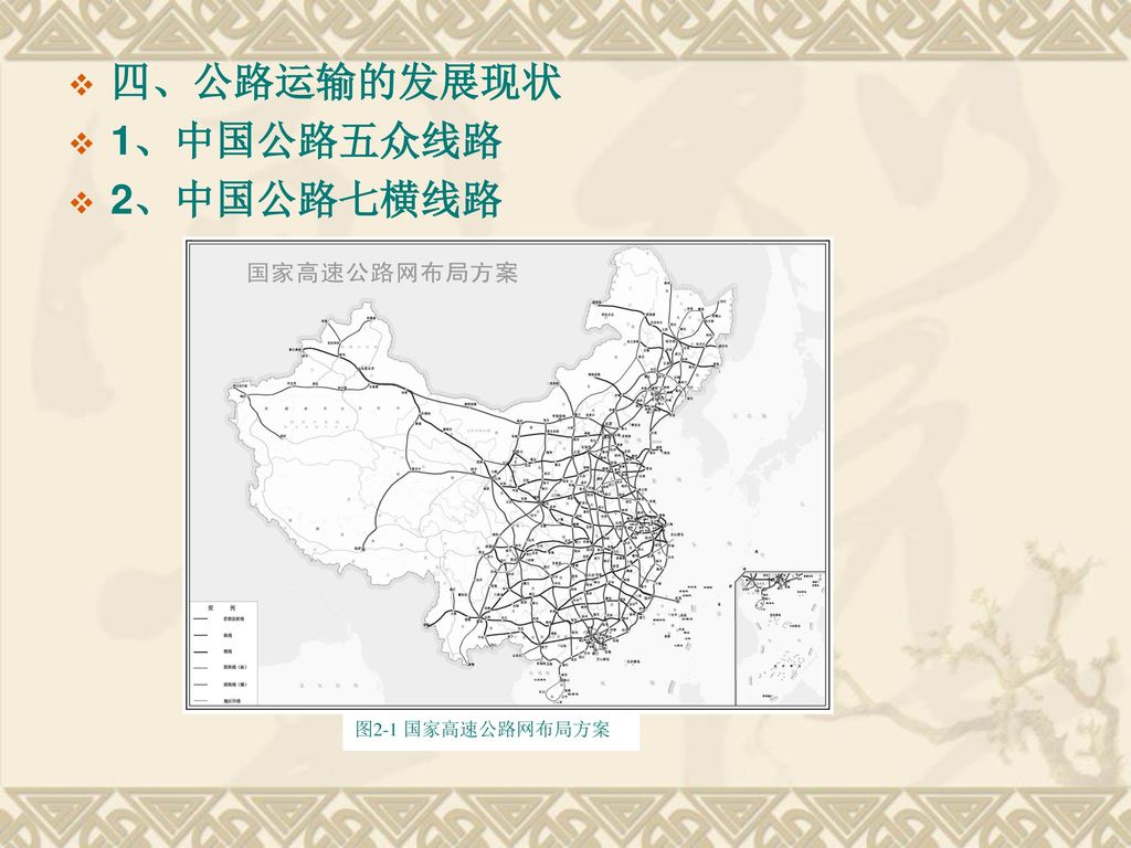 四、公路运输的发展现状 1、中国公路五众线路 2、中国公路七横线路 图2-1 国家高速公路网布局方案