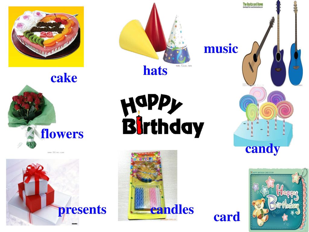 music hats cake flowers candy presents candles card