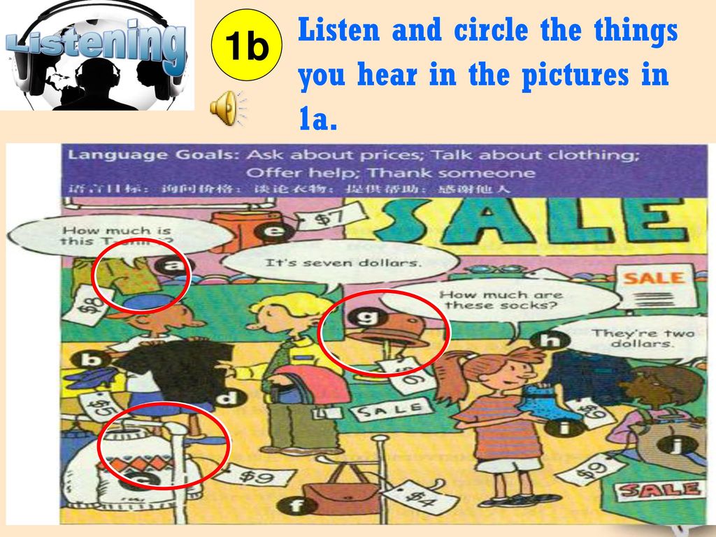 Listen and circle the things you hear in the pictures in 1a.