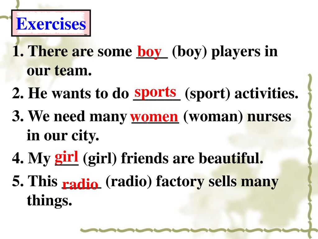 Exercises 1. There are some ____ (boy) players in our team. boy