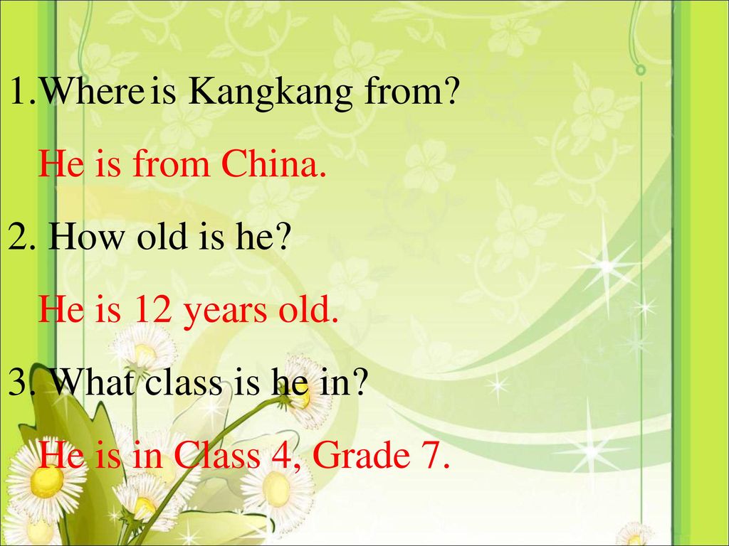 1.Where is Kangkang from He is from China. 2. How old is he He is 12 years old. 3. What class is he in