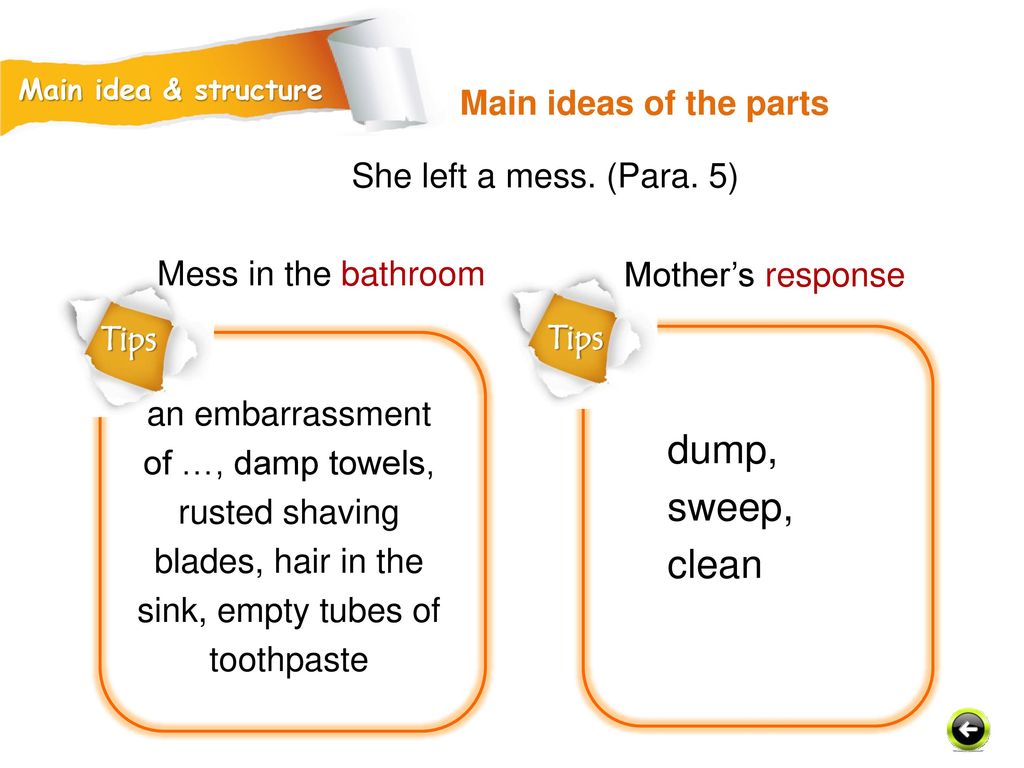 dump, sweep, clean Main ideas of the parts She left a mess. (Para. 5)