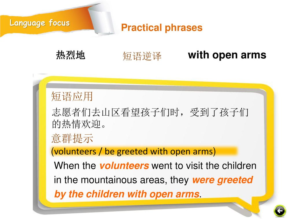 with open arms 短语应用 意群提示 Practical phrases 热烈地 短语逆译