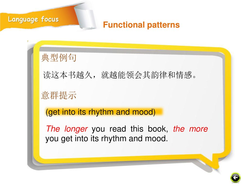 典型例句 意群提示 Functional patterns 读这本书越久，就越能领会其韵律和情感。