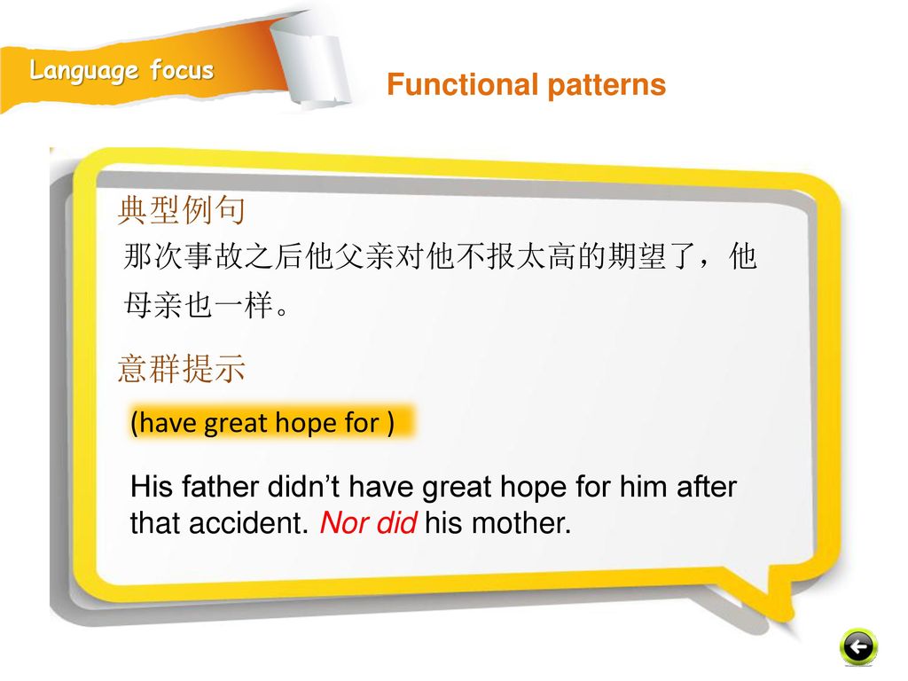 典型例句 意群提示 Functional patterns 那次事故之后他父亲对他不报太高的期望了，他母亲也一样。