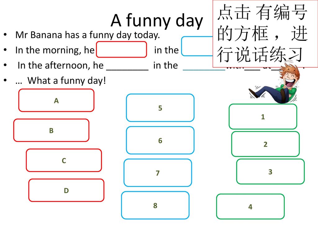 A funny day 点击 有编号的方框 ，进行说话练习 Mr Banana has a funny day today.