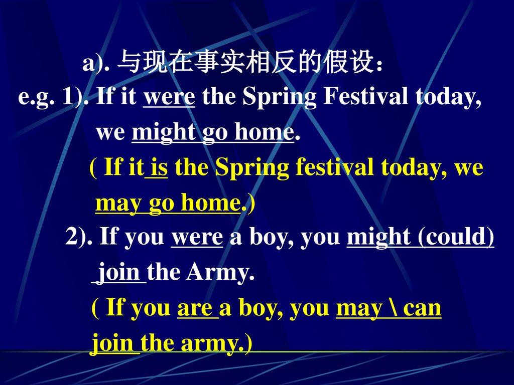 a). 与现在事实相反的假设： e.g. 1). If it were the Spring Festival today, we might go home. ( If it is the Spring festival today, we.