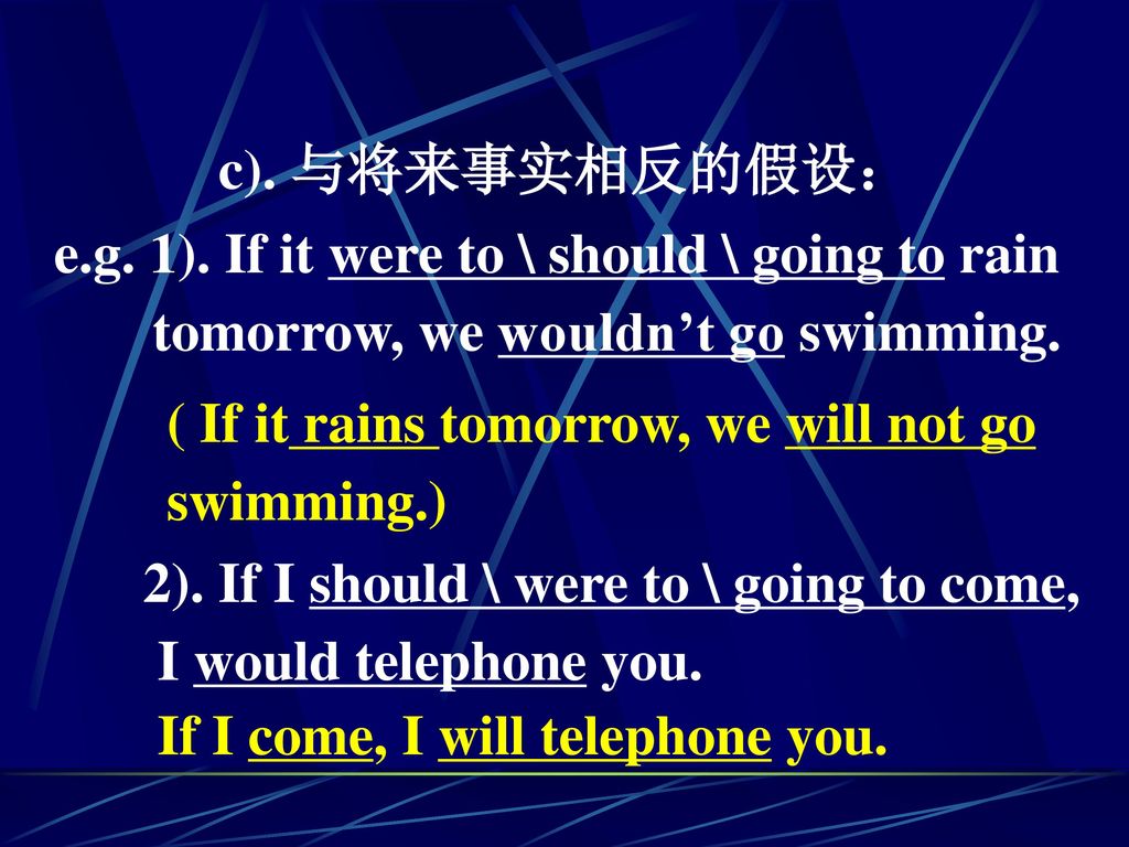 c). 与将来事实相反的假设： e.g. 1). If it were to \ should \ going to rain. tomorrow, we wouldn’t go swimming.