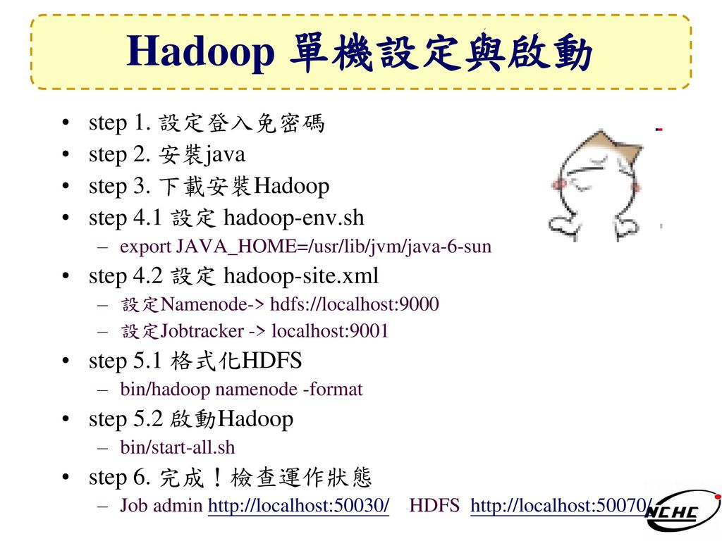 Hadoop 單機設定與啟動 step 1. 設定登入免密碼 step 2. 安裝java step 3. 下載安裝Hadoop