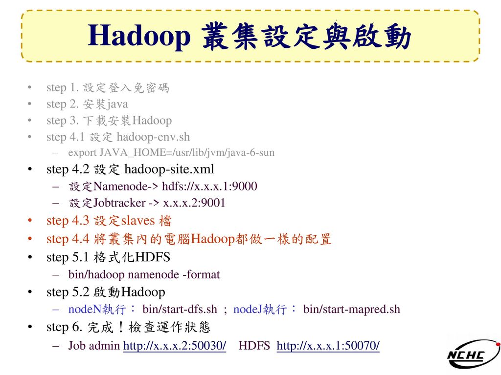 Hadoop 叢集設定與啟動 step 4.2 設定 hadoop-site.xml step 4.3 設定slaves 檔