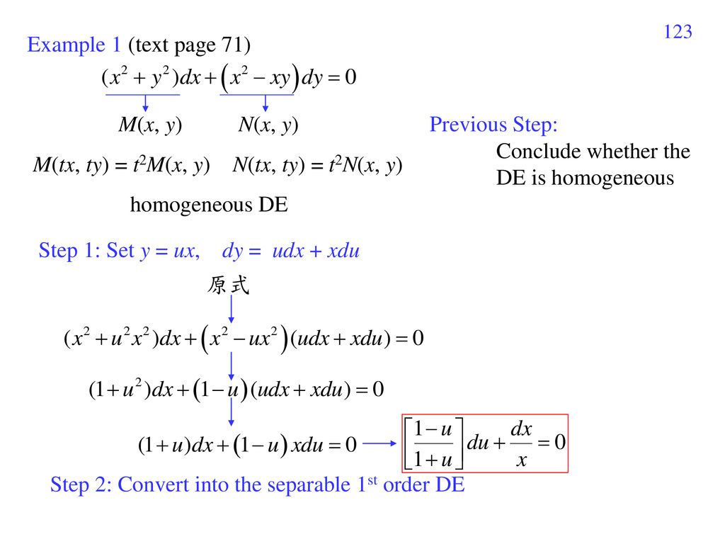 Example 1 (text page 71) M(x, y) N(x, y) Previous Step: Conclude whether the. DE is homogeneous.