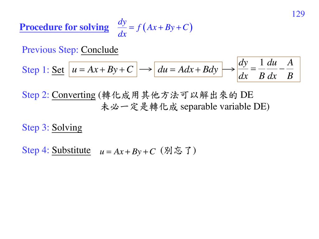 Procedure for solving Previous Step: Conclude. Step 1: Set. Step 2: Converting (轉化成用其他方法可以解出來的 DE.