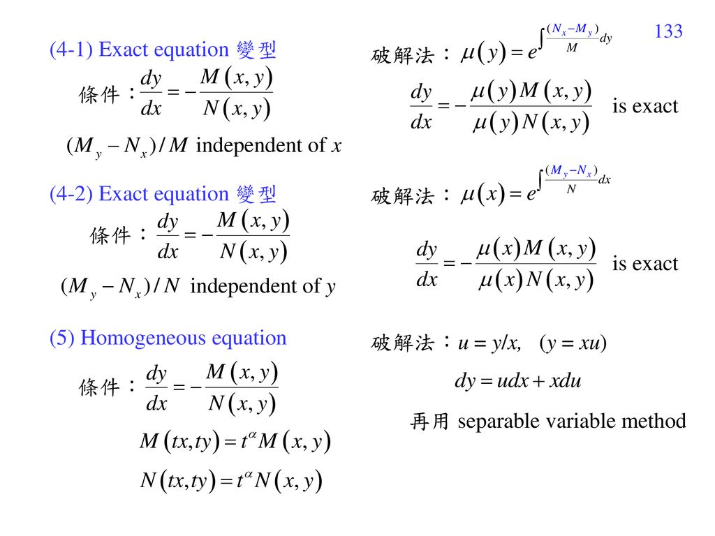 (4-1) Exact equation 變型 (4-2) Exact equation 變型. (5) Homogeneous equation. 破解法： 條件： is exact. independent of x.