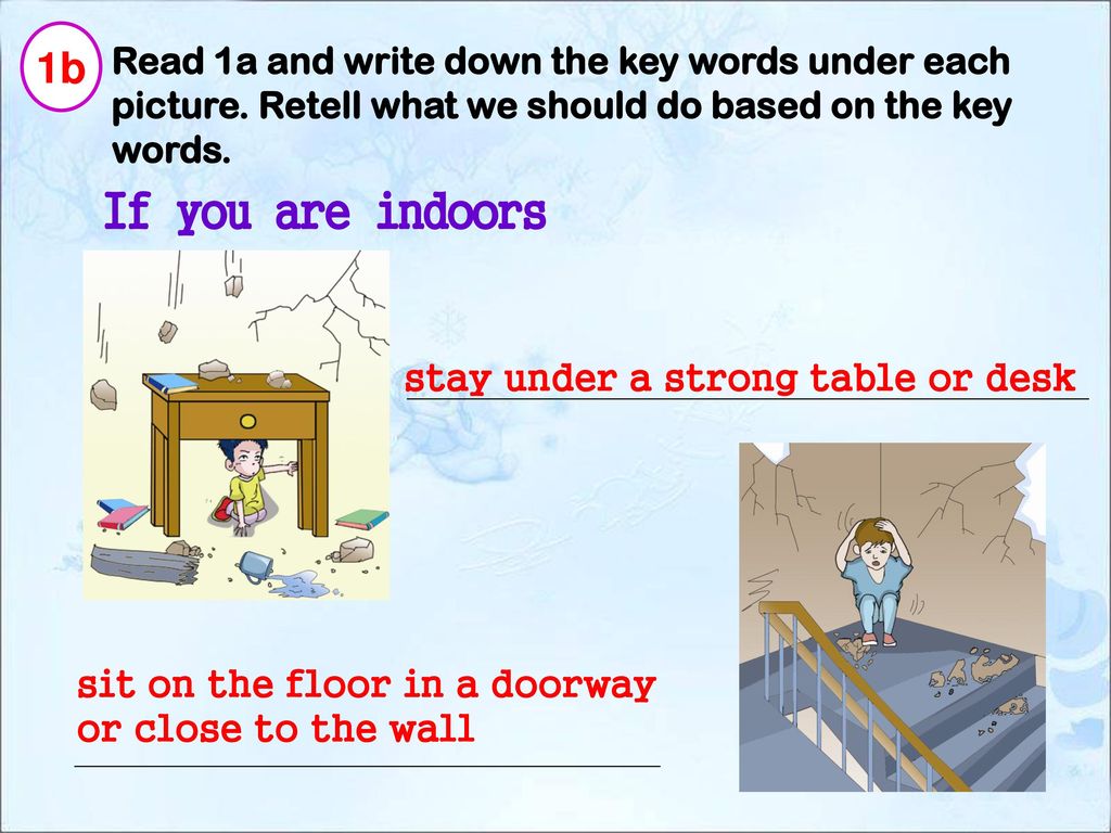 1b Read 1a and write down the key words under each picture. Retell what we should do based on the key words.