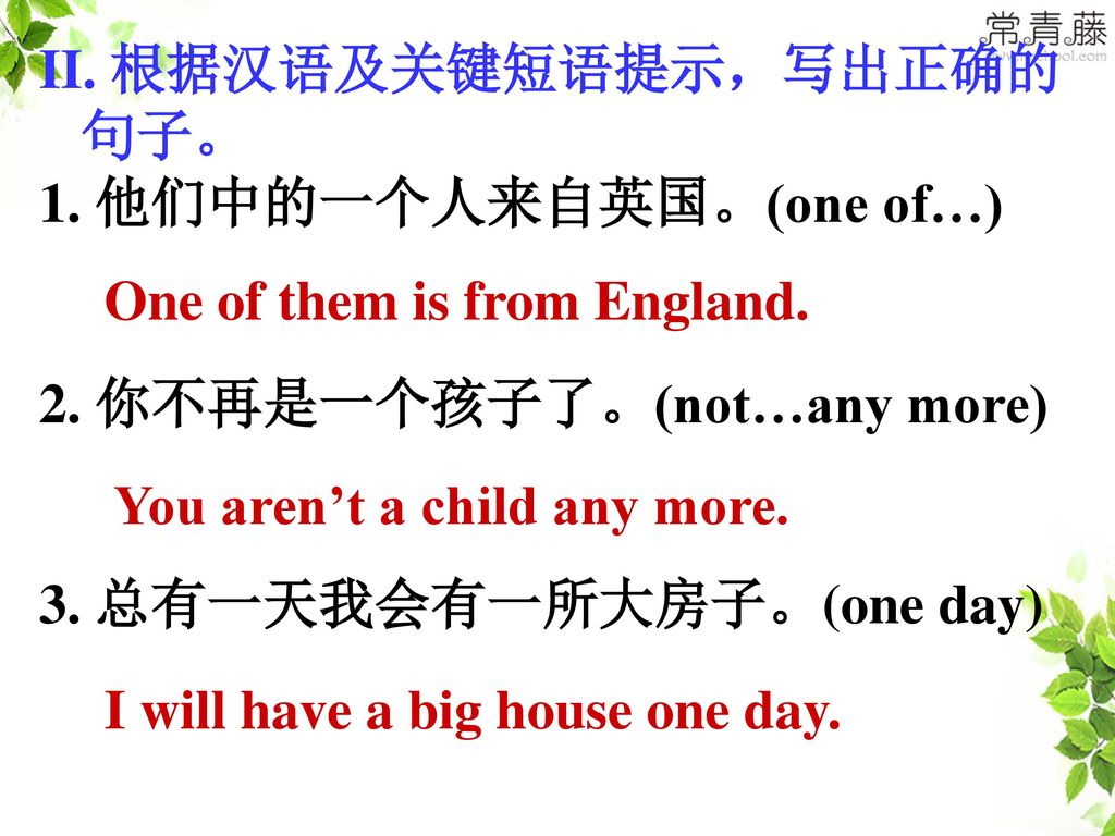 II. 根据汉语及关键短语提示，写出正确的句子。 他们中的一个人来自英国。(one of…)