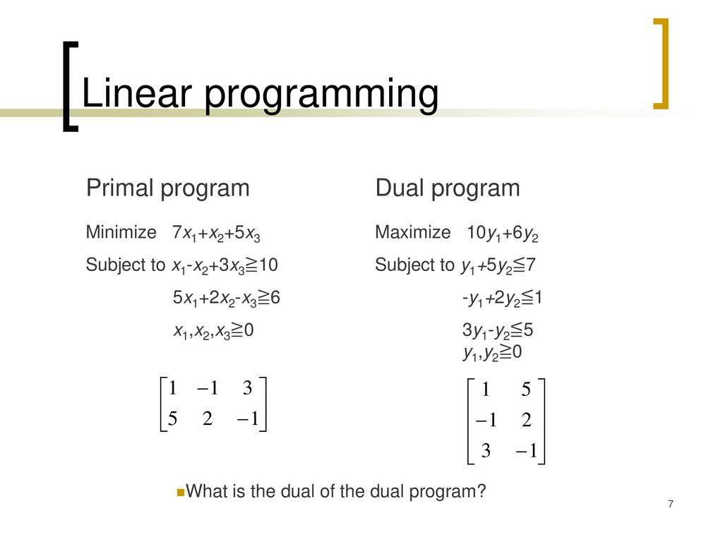 Linear programming Primal program Dual program Minimize 7x1+x2+5x3