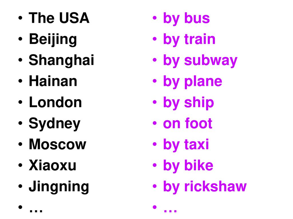 The USA Beijing. Shanghai. Hainan. London. Sydney. Moscow. Xiaoxu. Jingning. … by bus. by train.