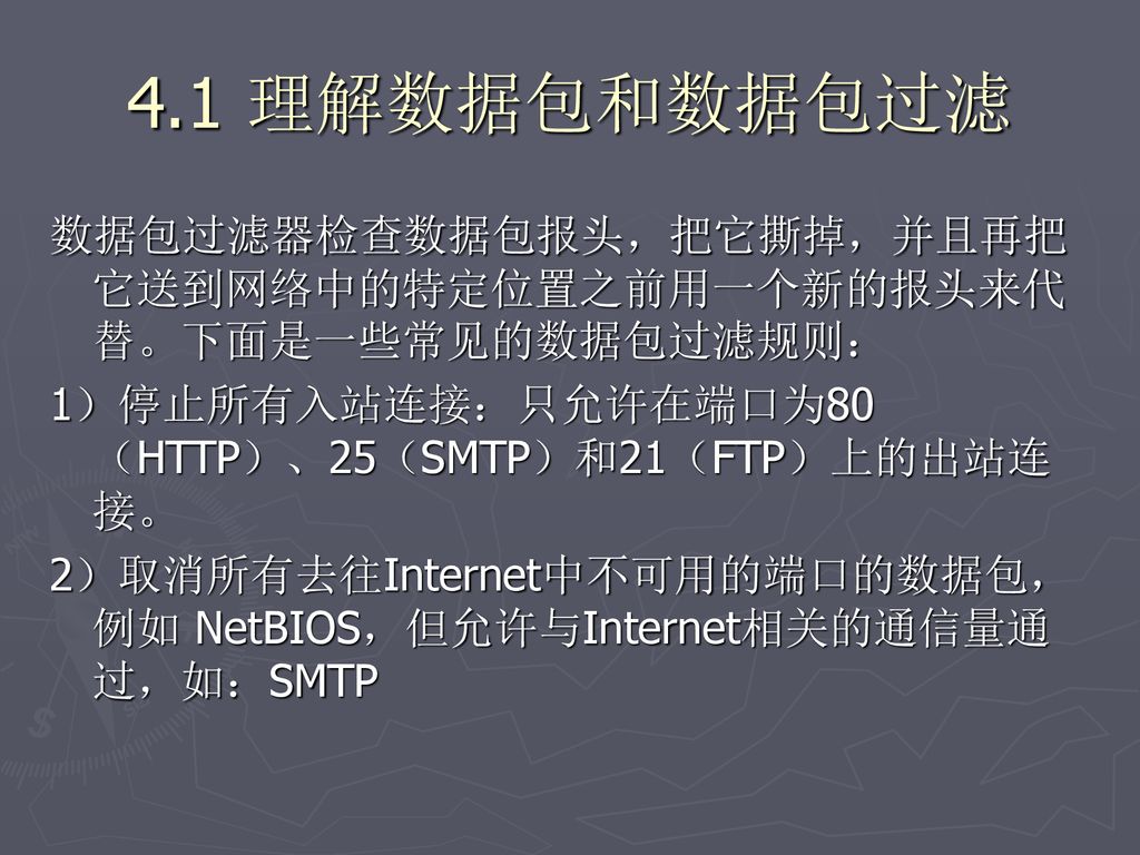 学习目标 1 理解包和包过滤2 理解包过滤的方法3 设置特殊的包过滤规则 Ppt Download