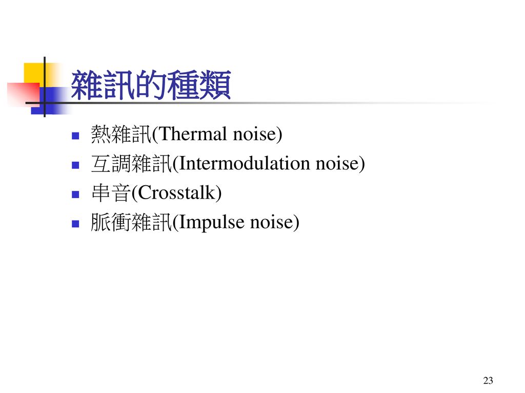 雜訊的種類 熱雜訊(Thermal noise) 互調雜訊(Intermodulation noise) 串音(Crosstalk)