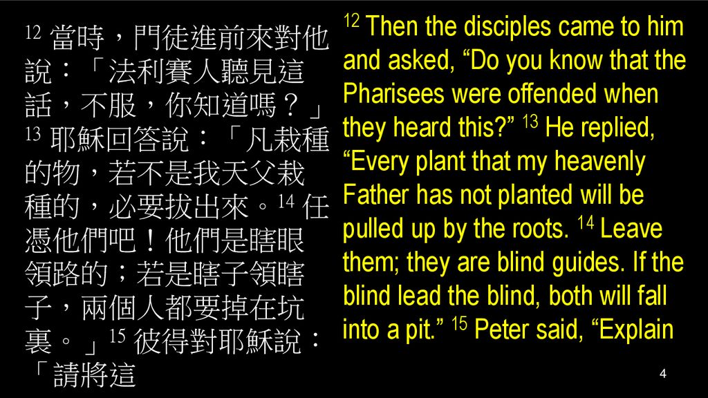 12 Then the disciples came to him and asked, Do you know that the Pharisees were offended when they heard this 13 He replied, Every plant that my heavenly Father has not planted will be pulled up by the roots. 14 Leave them; they are blind guides. If the blind lead the blind, both will fall into a pit. 15 Peter said, Explain