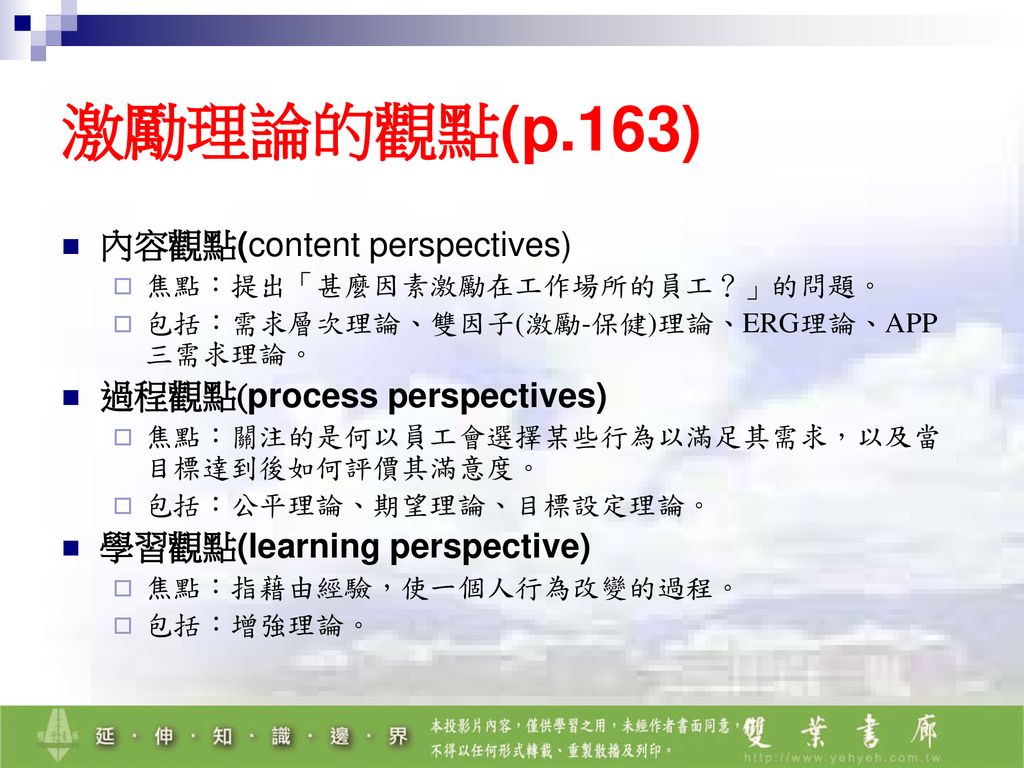 激勵理論的觀點(p.163) 內容觀點(content perspectives) 過程觀點(process perspectives)