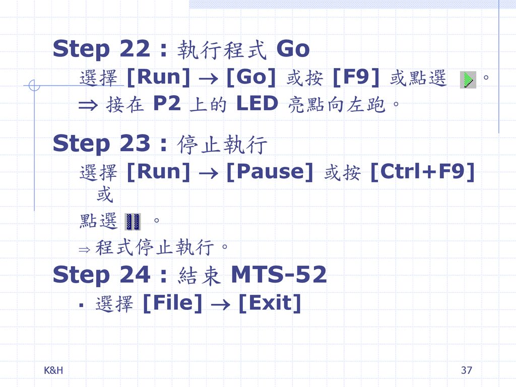 Step 22 : 執行程式 Go Step 23 : 停止執行 Step 24 : 結束 MTS-52