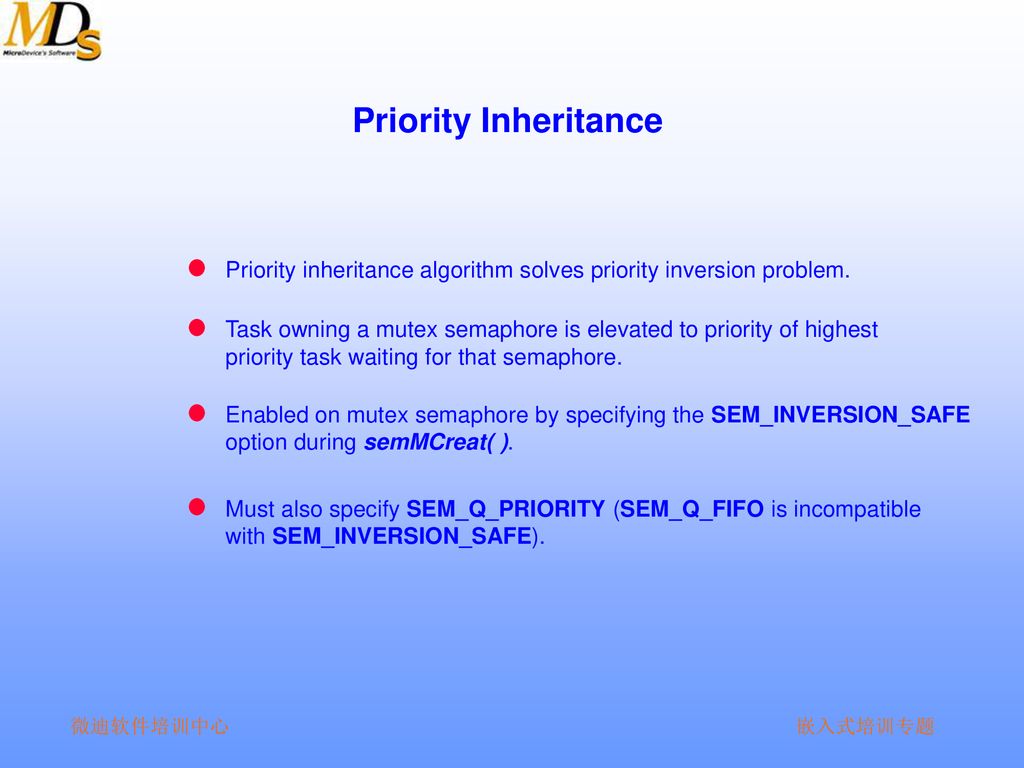 Priority Inheritance Priority inheritance algorithm solves priority inversion problem.