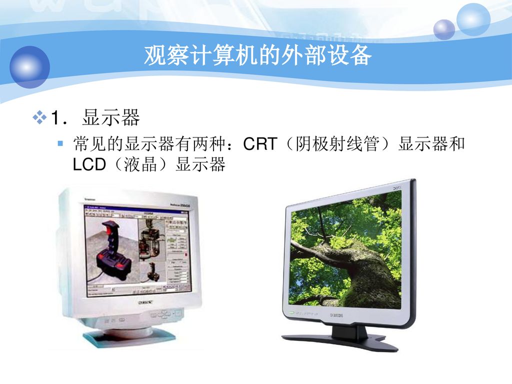 观察计算机的外部设备 1．显示器 常见的显示器有两种：CRT（阴极射线管）显示器和LCD（液晶）显示器