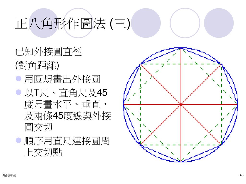 正八角形作圖法 (三) 已知外接圓直徑 (對角距離) 用圓規畫出外接圓 以T尺、直角尺及45度尺畫水平、垂直，及兩條45度線與外接圓交切