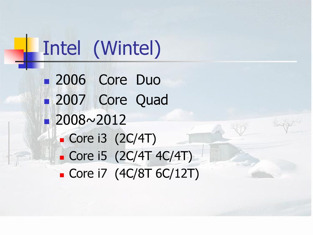 Intel (Wintel) 2006 Core Duo 2007 Core Quad 2008~2012 Core i3 (2C/4T)