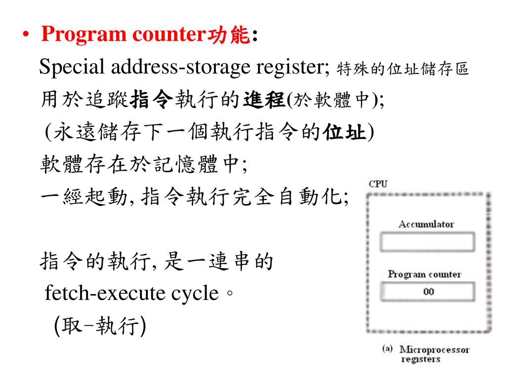 Program counter功能: 用於追蹤指令執行的進程(於軟體中); (永遠儲存下一個執行指令的位址) 軟體存在於記憶體中;
