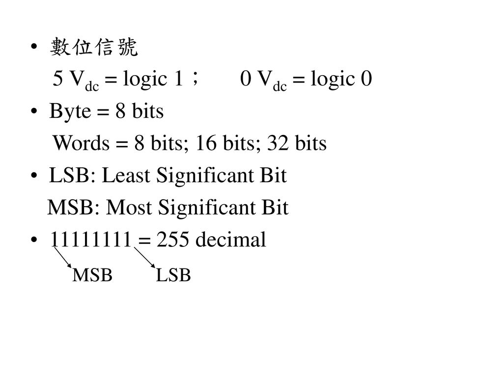 Words = 8 bits; 16 bits; 32 bits LSB: Least Significant Bit