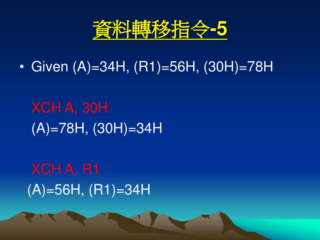 資料轉移指令-5 Given (A)=34H, (R1)=56H, (30H)=78H XCH A, 30H