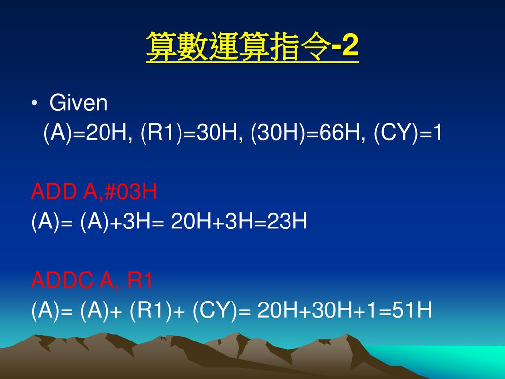 算數運算指令-2 Given (A)=20H, (R1)=30H, (30H)=66H, (CY)=1 ADD A,#03H