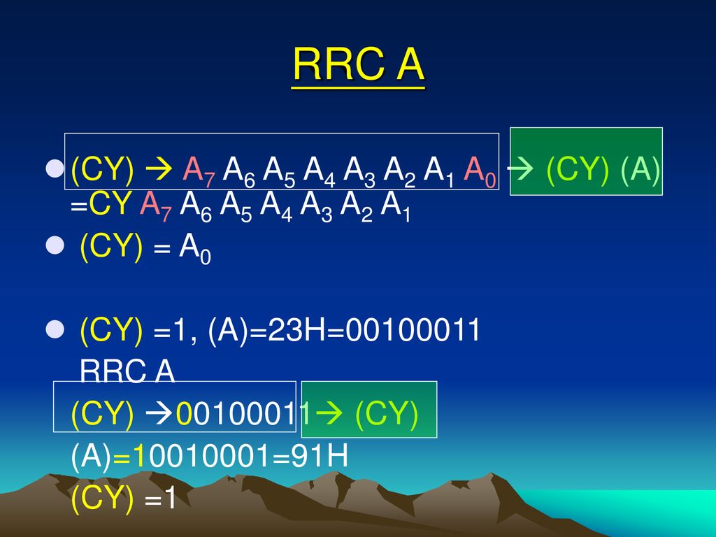 RRC A (CY)  A7 A6 A5 A4 A3 A2 A1 A0  (CY) (A) =CY A7 A6 A5 A4 A3 A2 A1. (CY) = A0. (CY) =1, (A)=23H=